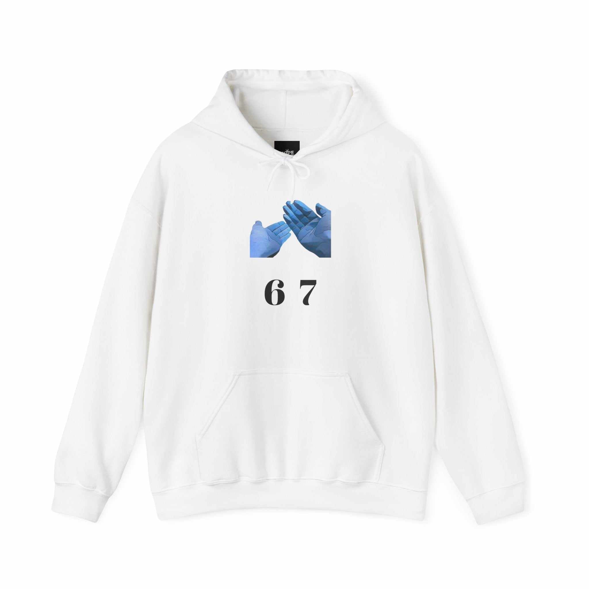 hoodies for men and women White 6 7 hoodie with blue hand graphic and kangaroo pocket, cozy cotton-poly fabric