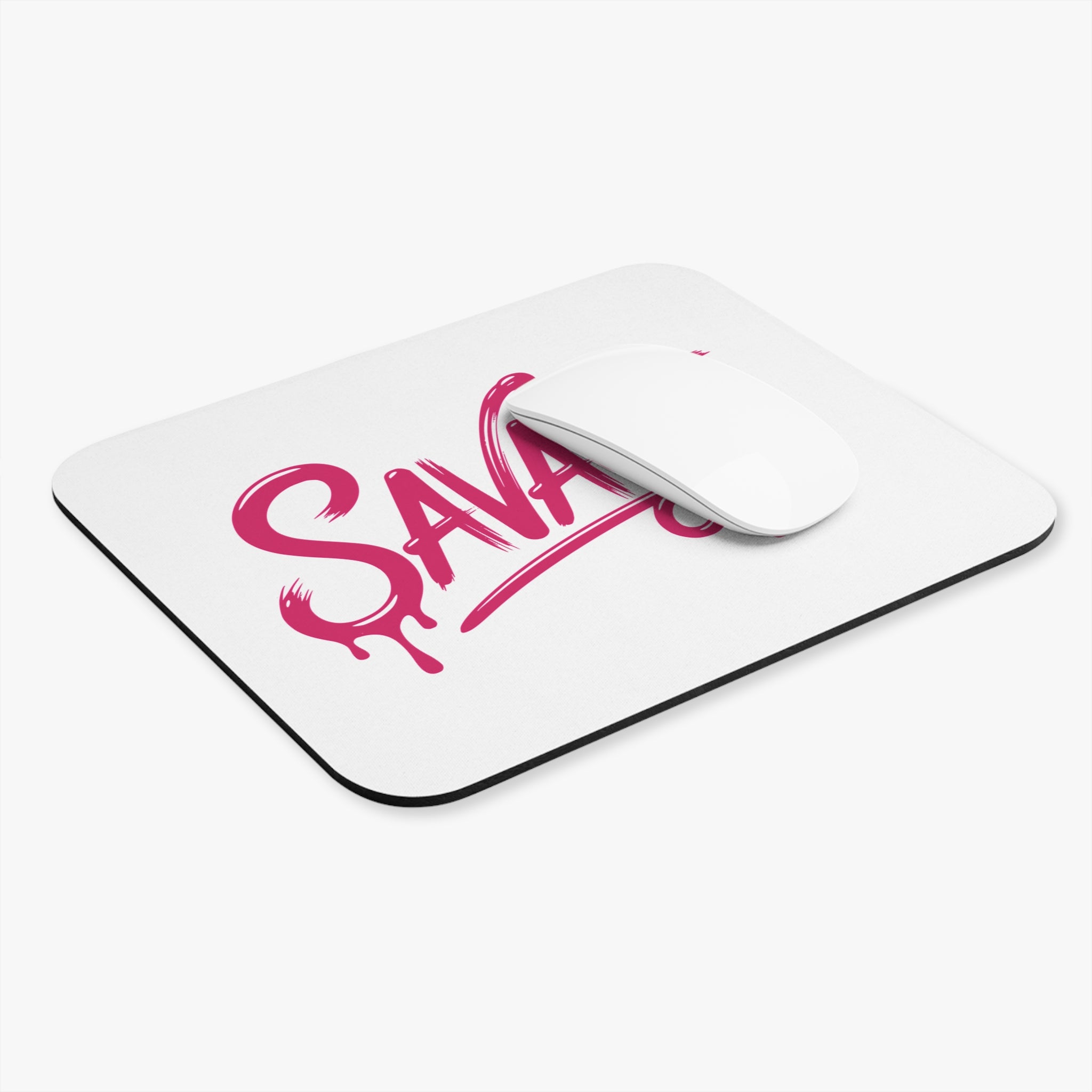 Savage Script Mouse Pad in bold pink with smooth glide and non-slip base on white background