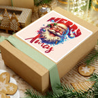Glossy Christmas Santa Sticker with "Merry Xmas" lettering on gift box, festive holiday decal