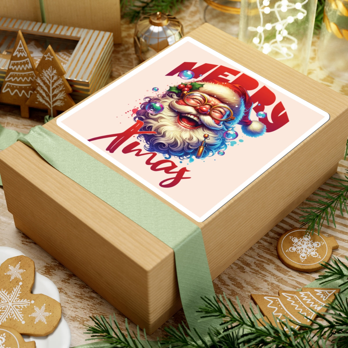 Glossy Christmas Santa Sticker with "Merry Xmas" lettering on gift box, festive holiday decal
