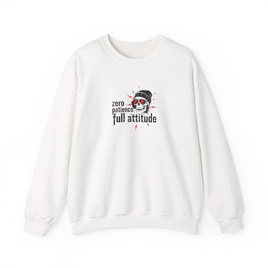 White crewneck sweatshirt with "zero patience full attitude" skull graphic on chest