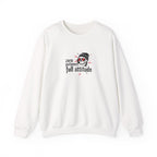 White crewneck sweatshirt with "zero patience full attitude" skull graphic on chest