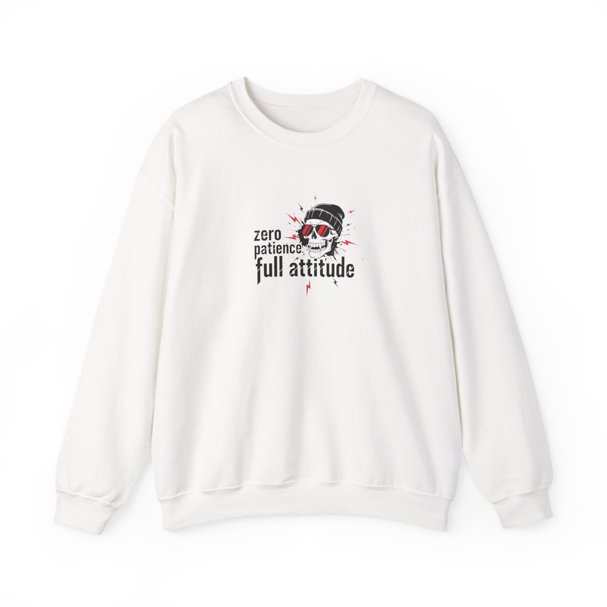 White crewneck sweatshirt with "zero patience full attitude" skull graphic on chest