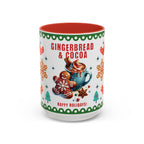festive gingerbread and cocoa ceramic holiday mug with red interior and winter design