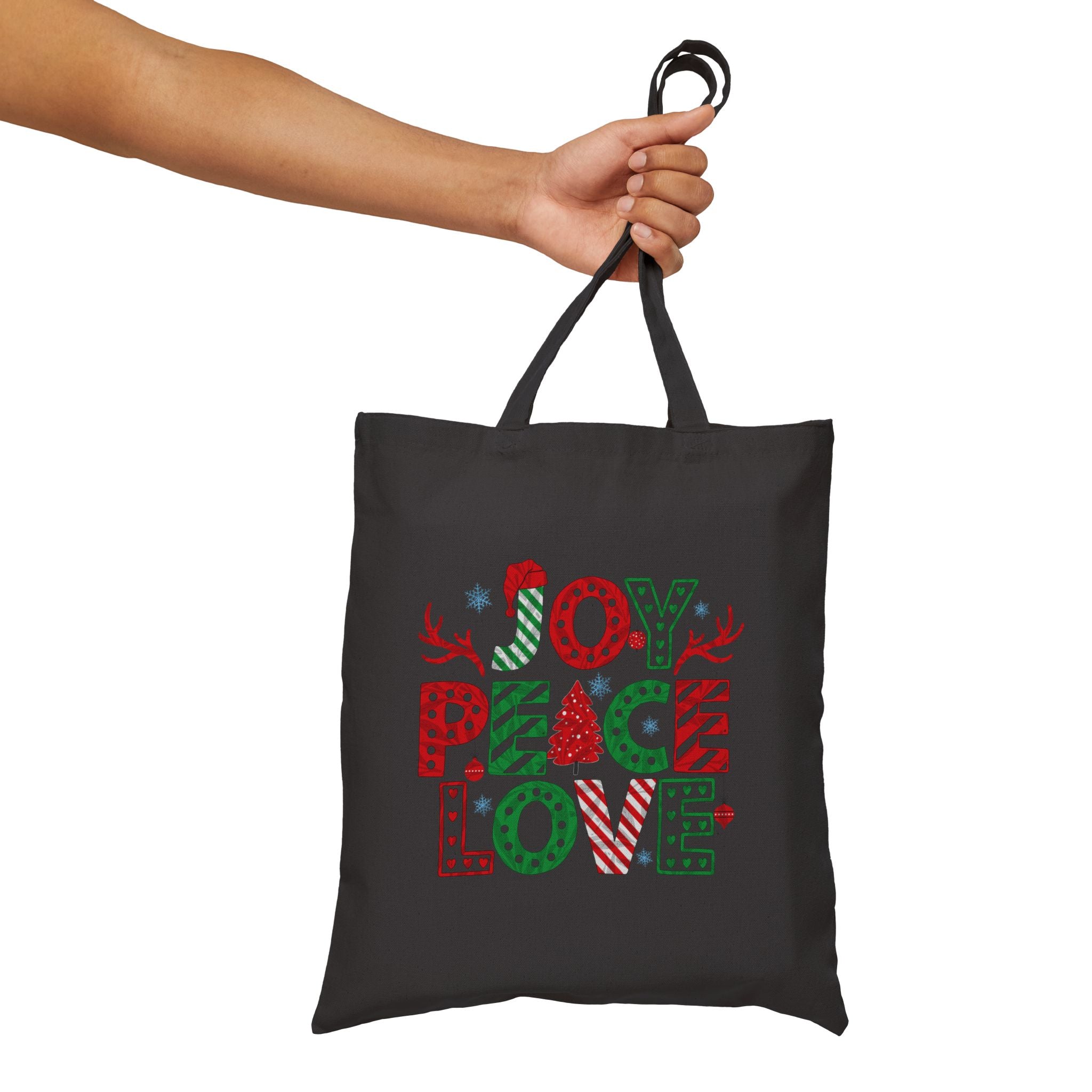 Christmas Joy, Peace & Love Tote Bag — Holiday Canvas Gift Tote