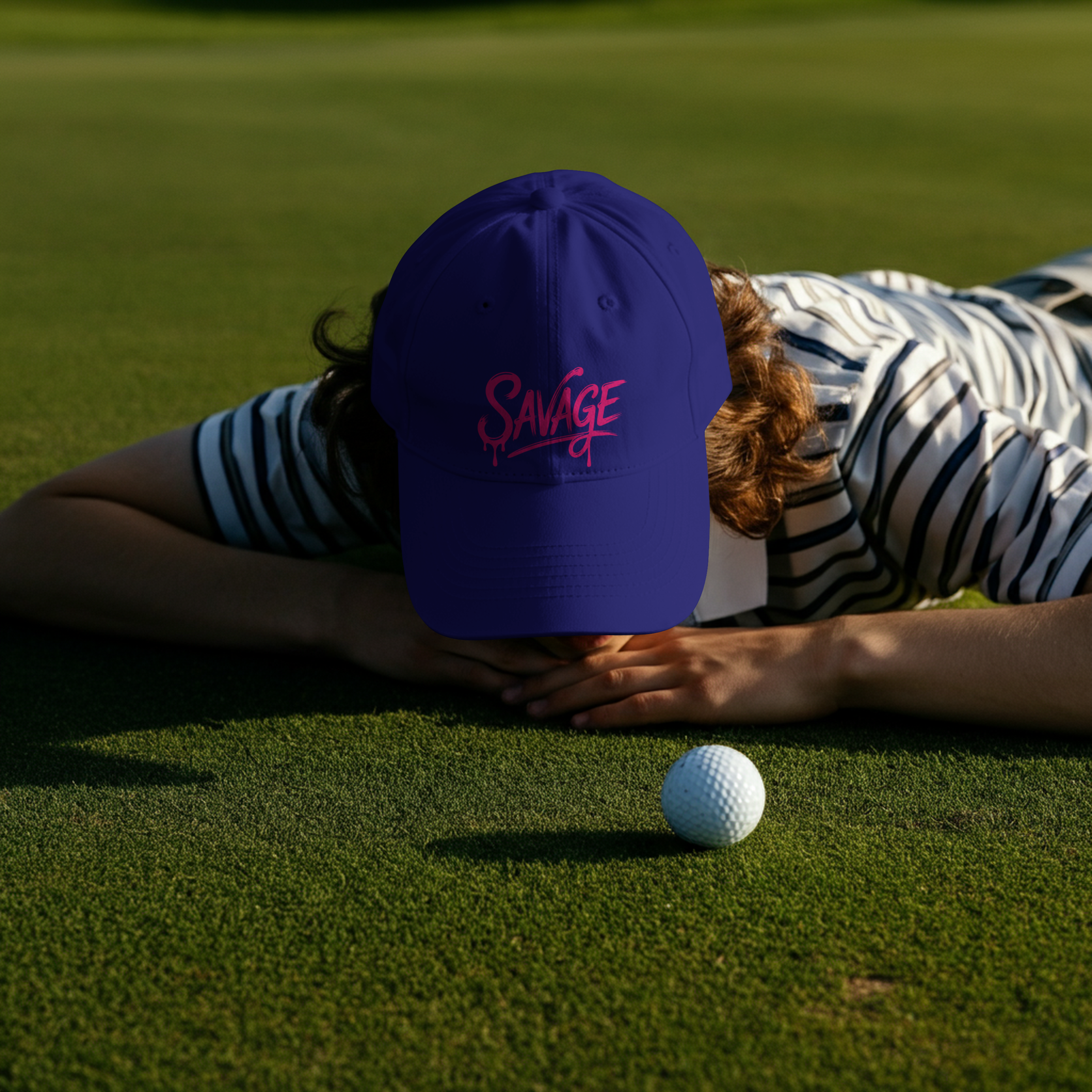 Savage Pink Drip Dad Cap with embroidered logo on precurved visor worn on grass near golf ball