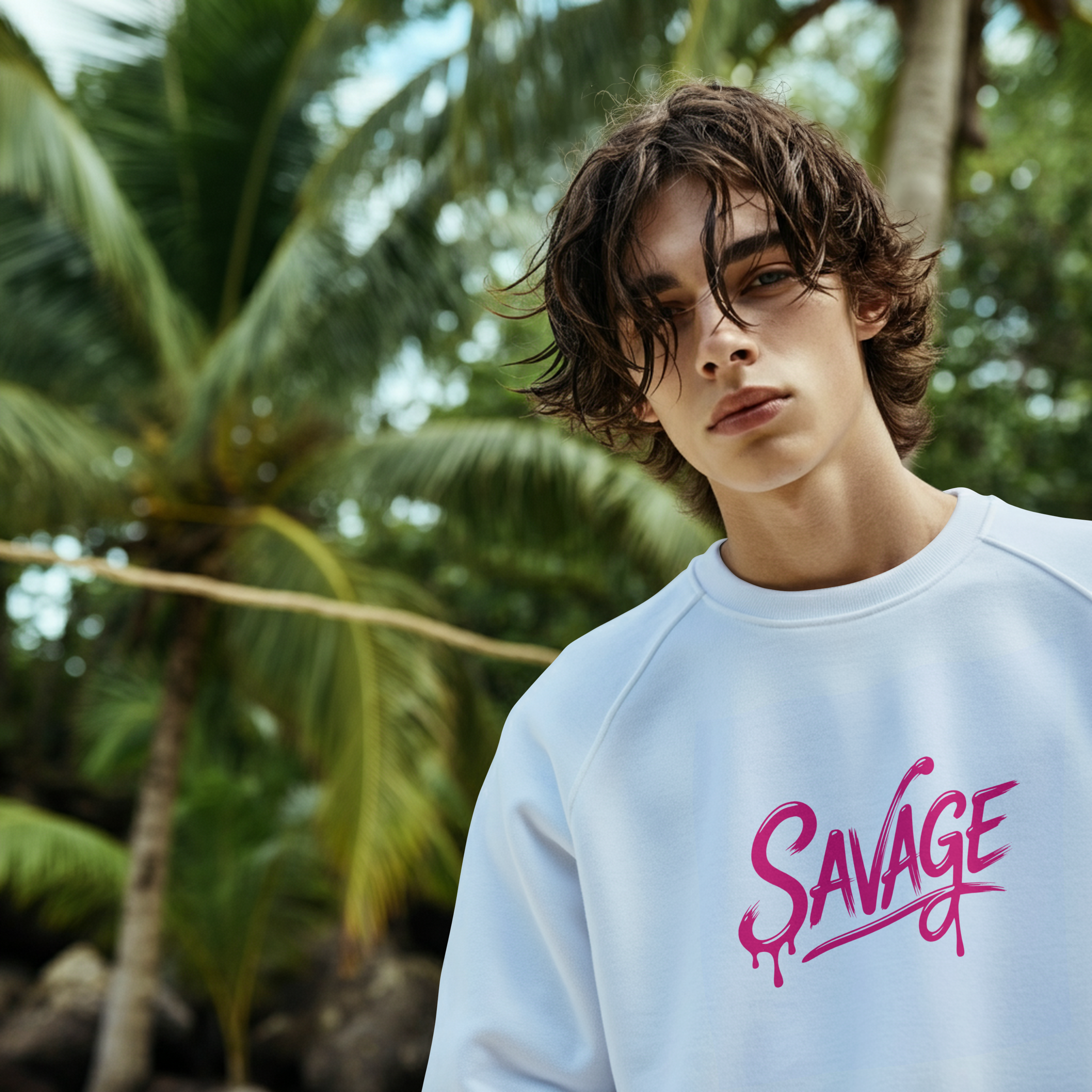 Young man wearing white Savage Script Crewneck Sweatshirt with pink graffiti graphic outdoors with palm trees background