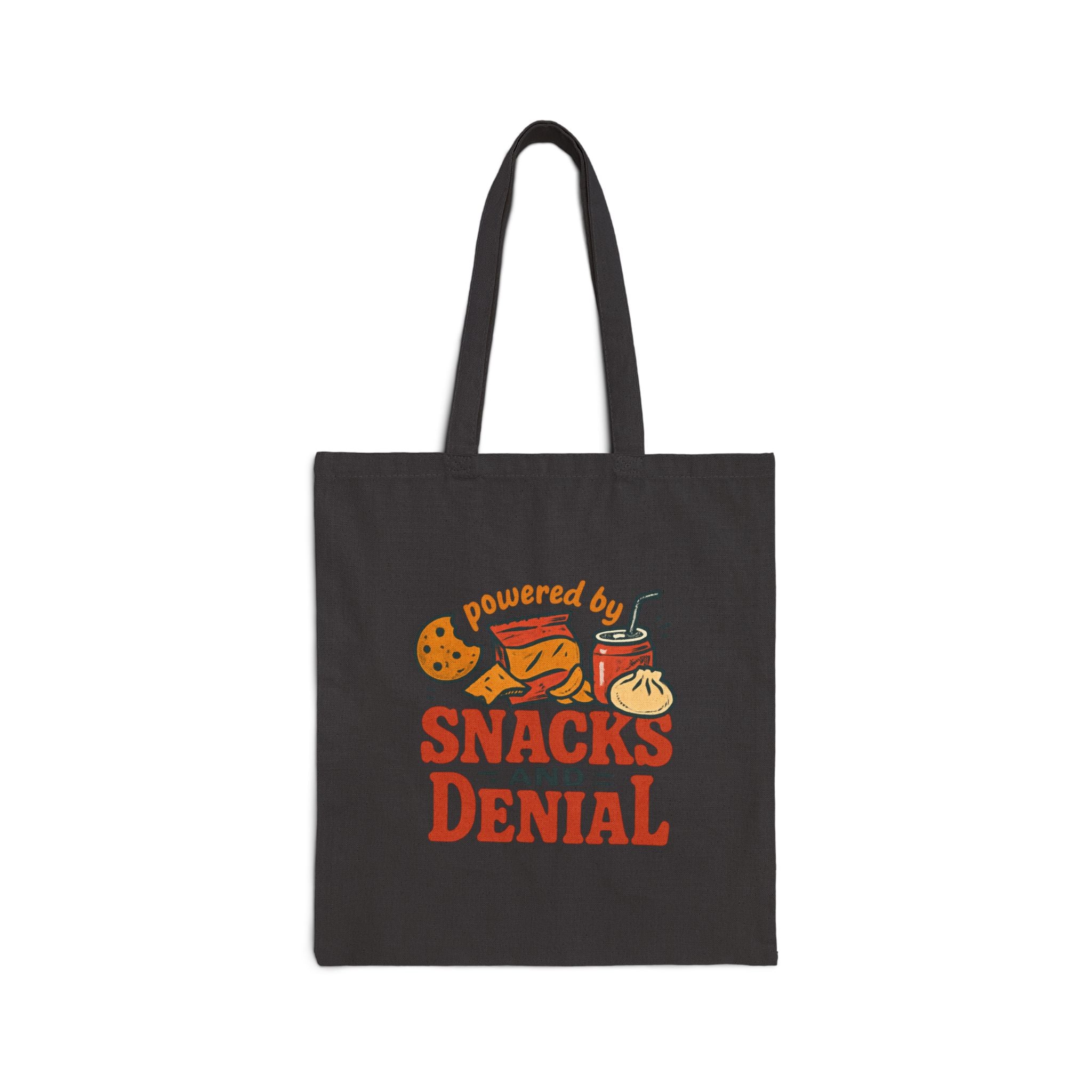 Tote Bag — "Powered by Snacks and Denial" Canvas Grocery Tote