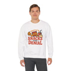 Crewneck Sweatshirt — "Powered by Snacks and Denial" Funny Snack Lover Pullover