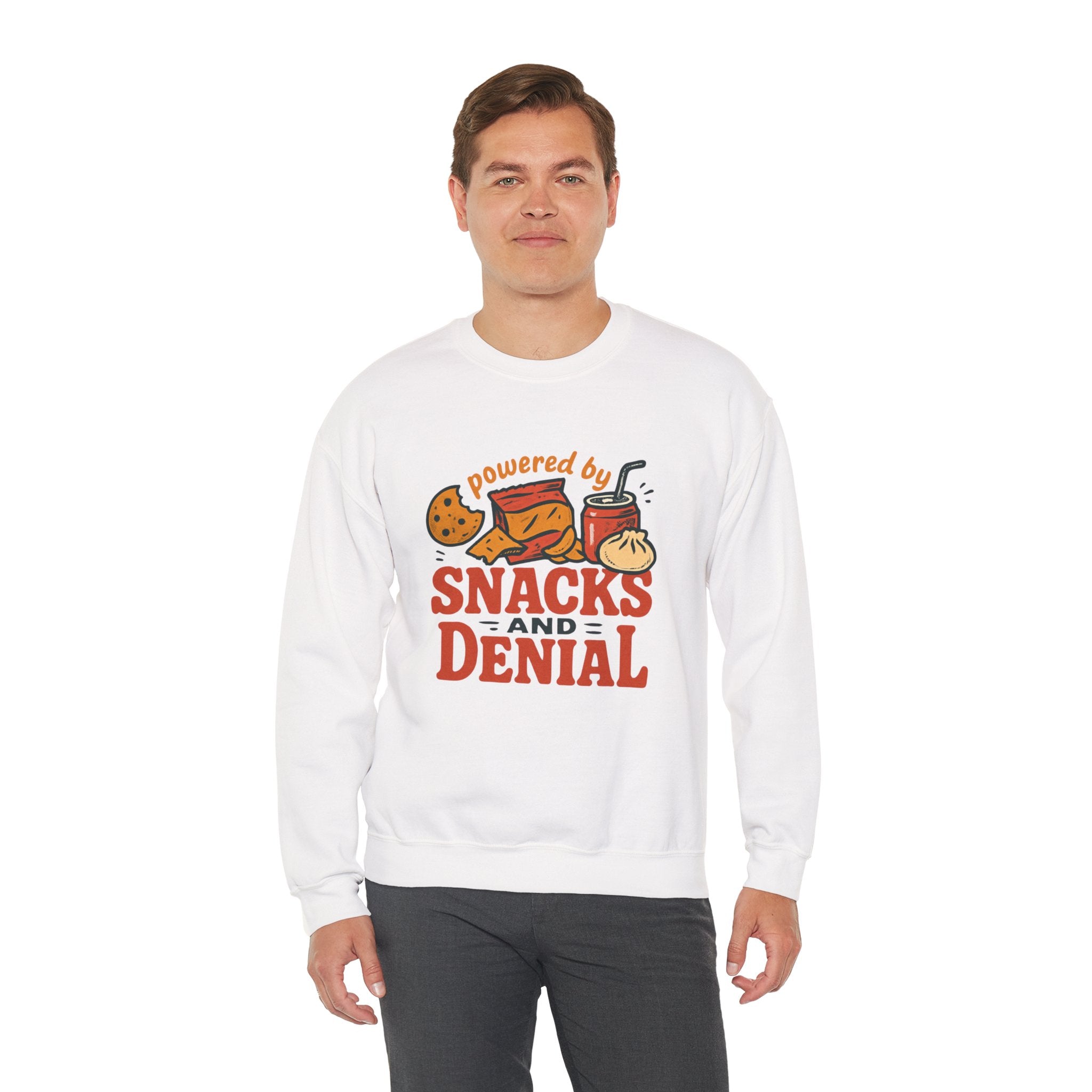 Crewneck Sweatshirt — "Powered by Snacks and Denial" Funny Snack Lover Pullover