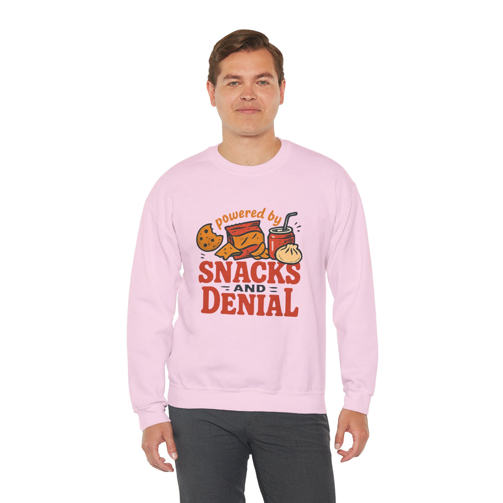 Crewneck Sweatshirt — "Powered by Snacks and Denial" Funny Snack Lover Pullover