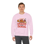 Crewneck Sweatshirt — "Powered by Snacks and Denial" Funny Snack Lover Pullover