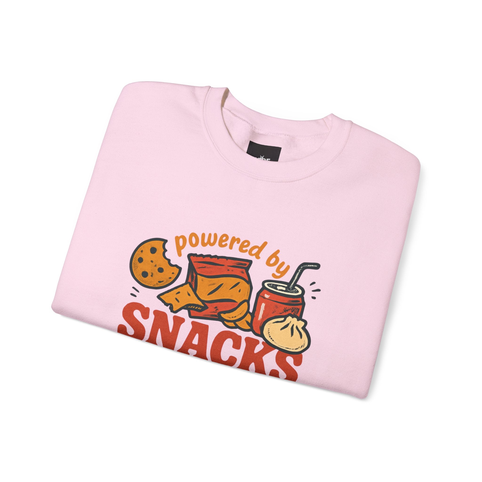 Crewneck Sweatshirt — "Powered by Snacks and Denial" Funny Snack Lover Pullover