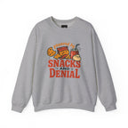 Crewneck Sweatshirt — "Powered by Snacks and Denial" Funny Snack Lover Pullover
