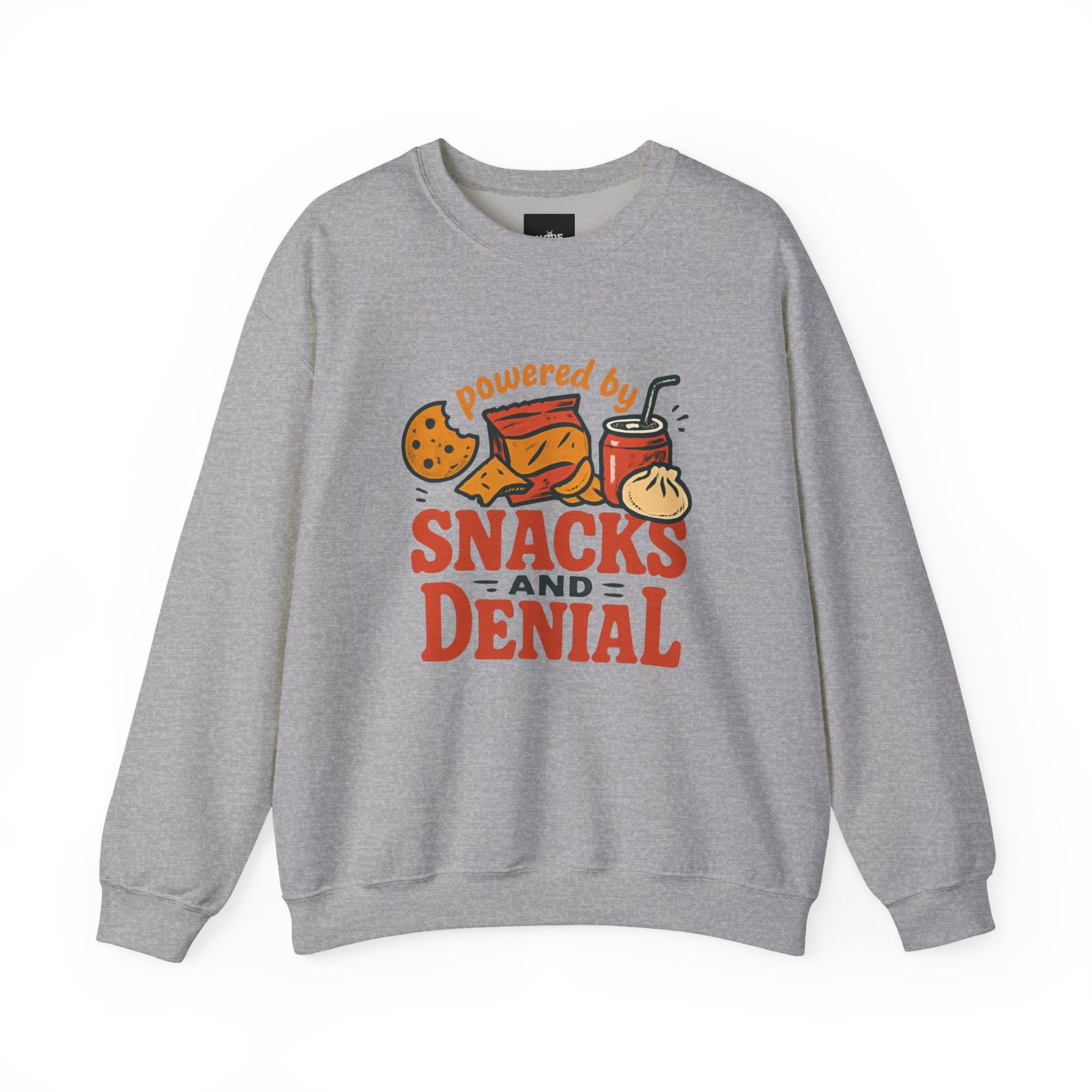 Crewneck Sweatshirt — "Powered by Snacks and Denial" Funny Snack Lover Pullover
