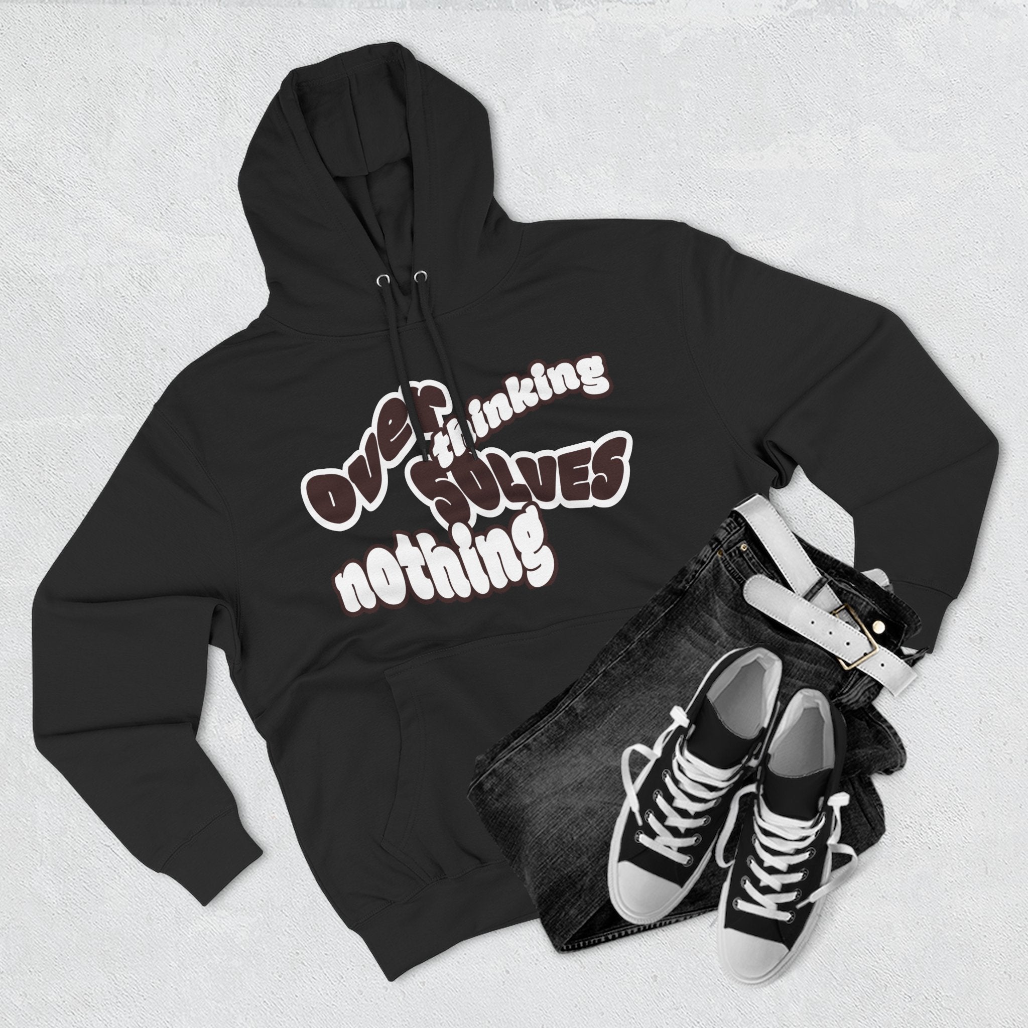 Hoodie — "Overthinking Solves Nothing" Retro Bubble Letter Fleece Hoodie
