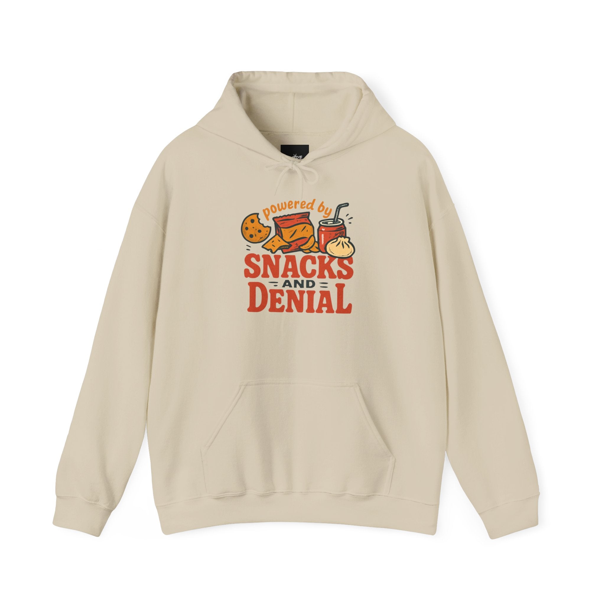 Hoodie — "Powered by Snacks and Denial" Cozy Graphic Pullover