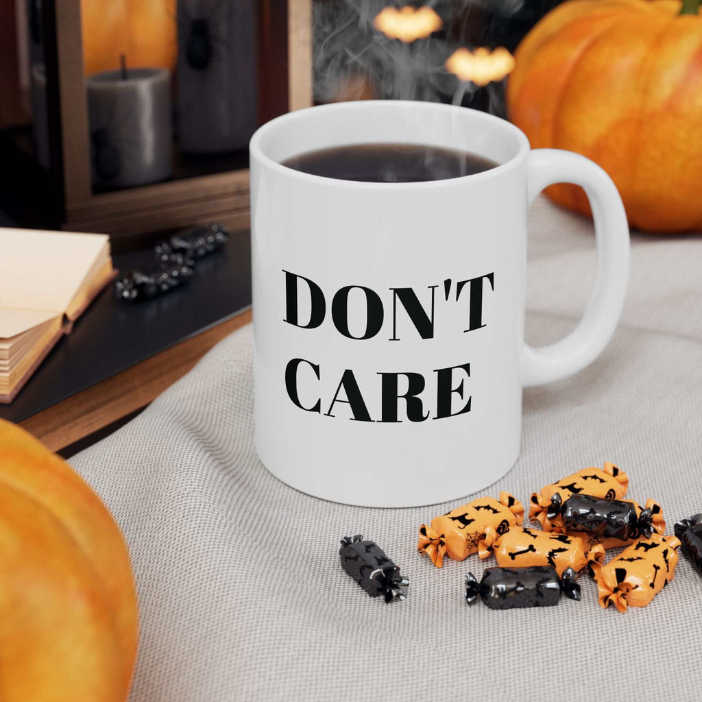 custom mugs DON'T CARE MugMinimalist design, maximum attitude. Product features- Glossy ceramic with a shiny finish for aesthetic appeal.- Vibrant colors brought to life using advanced printiNOPE SUPPLY