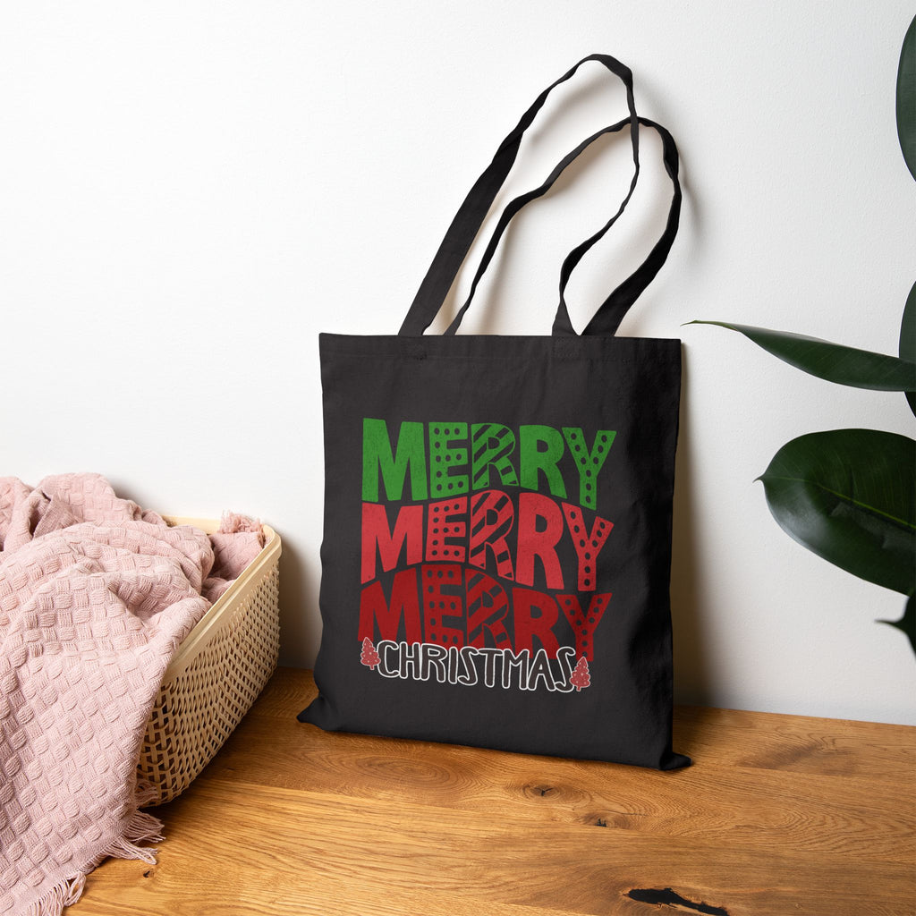 Merry Merry Merry Christmas Tote Bag — Festive Holiday Cotton Canvas Shopper
