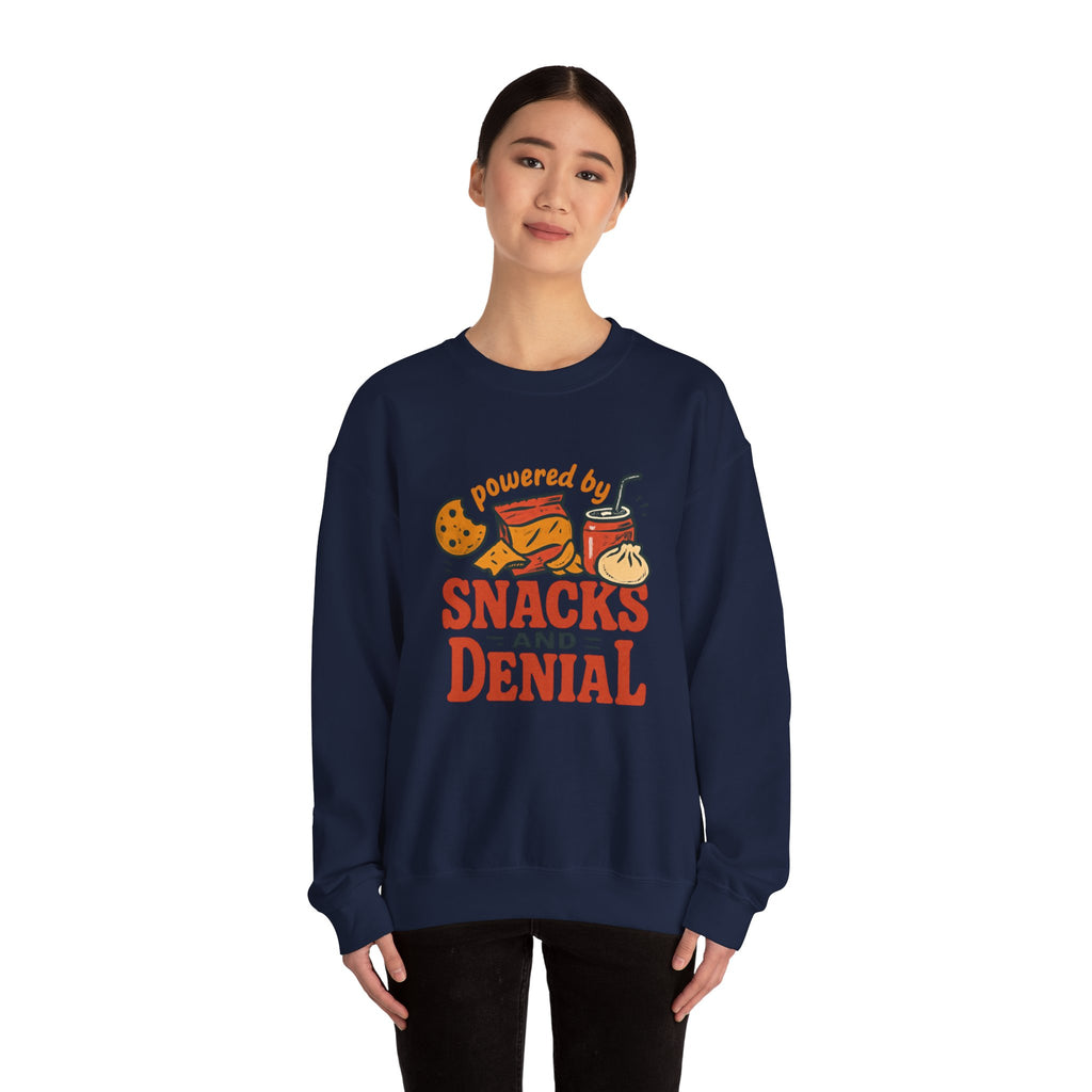 Crewneck Sweatshirt — "Powered by Snacks and Denial" Funny Snack Lover Pullover