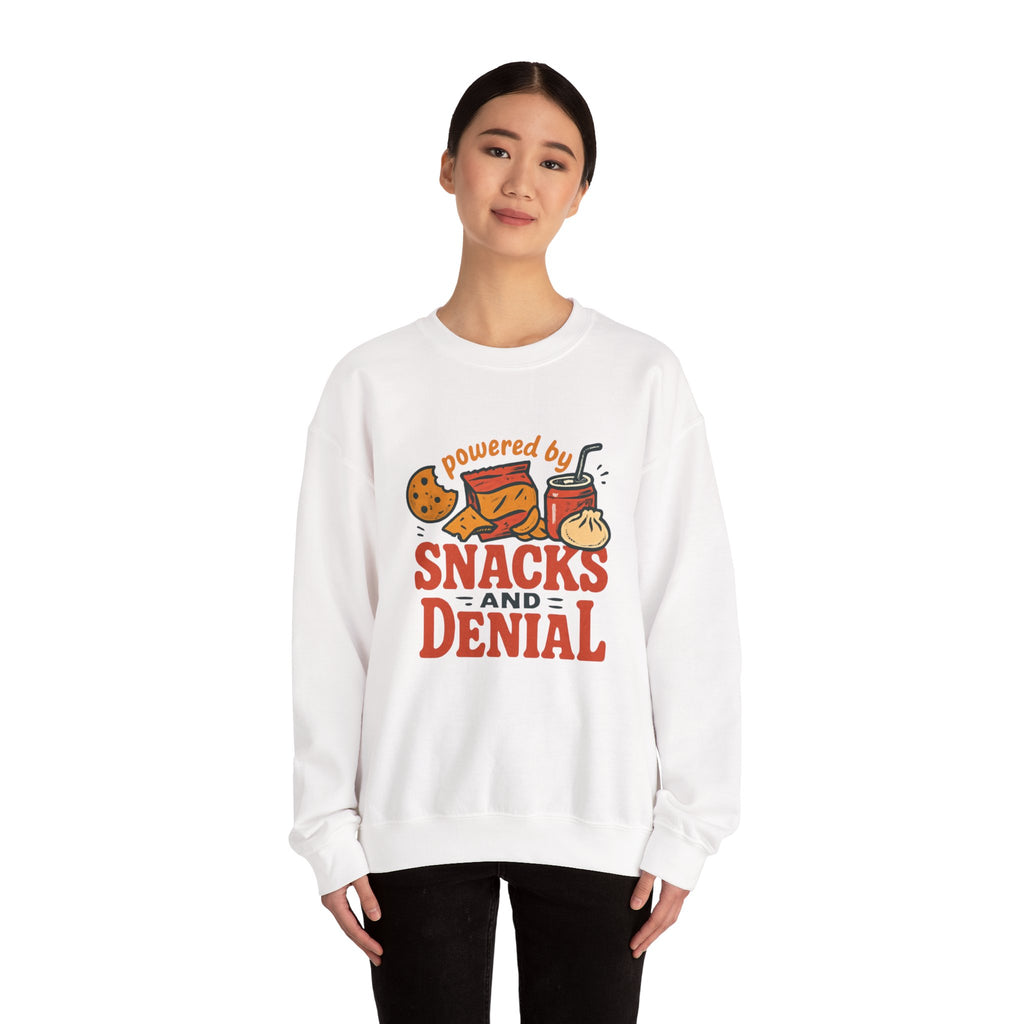 Crewneck Sweatshirt — "Powered by Snacks and Denial" Funny Snack Lover Pullover