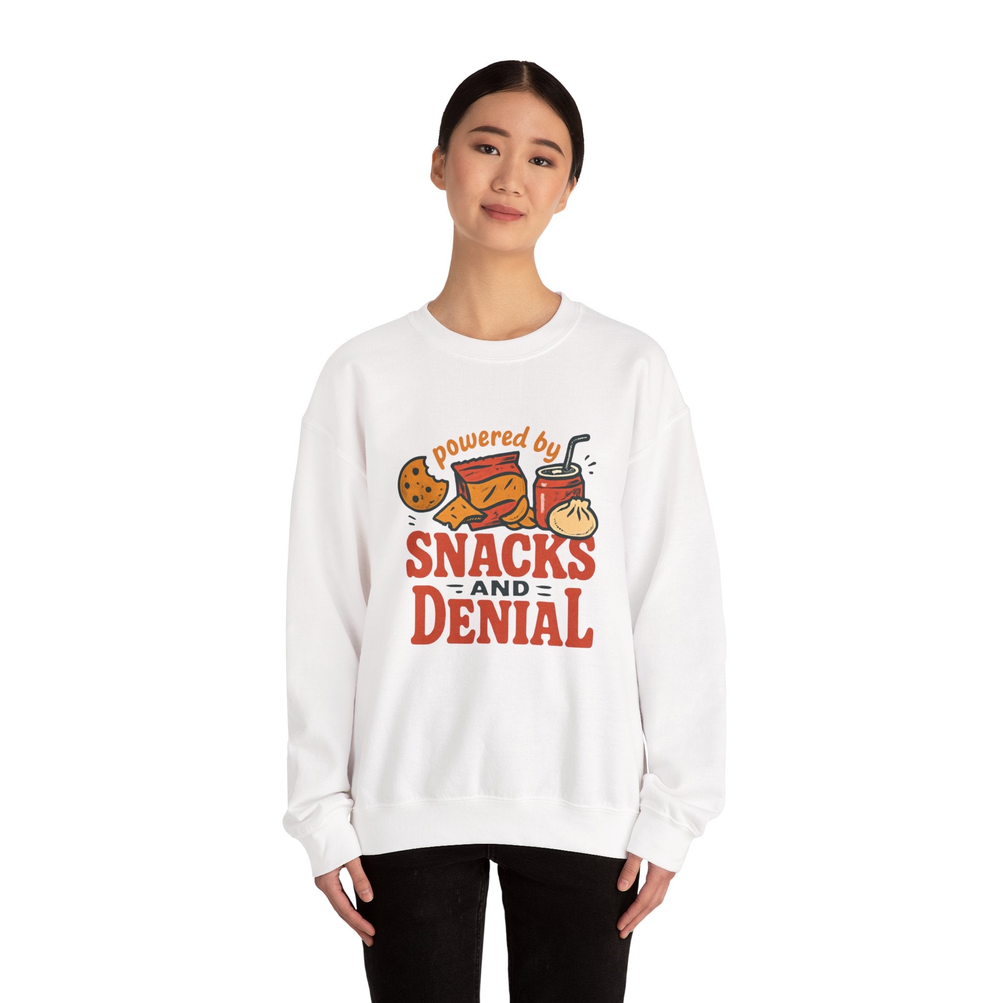 Crewneck Sweatshirt — "Powered by Snacks and Denial" Funny Snack Lover Pullover