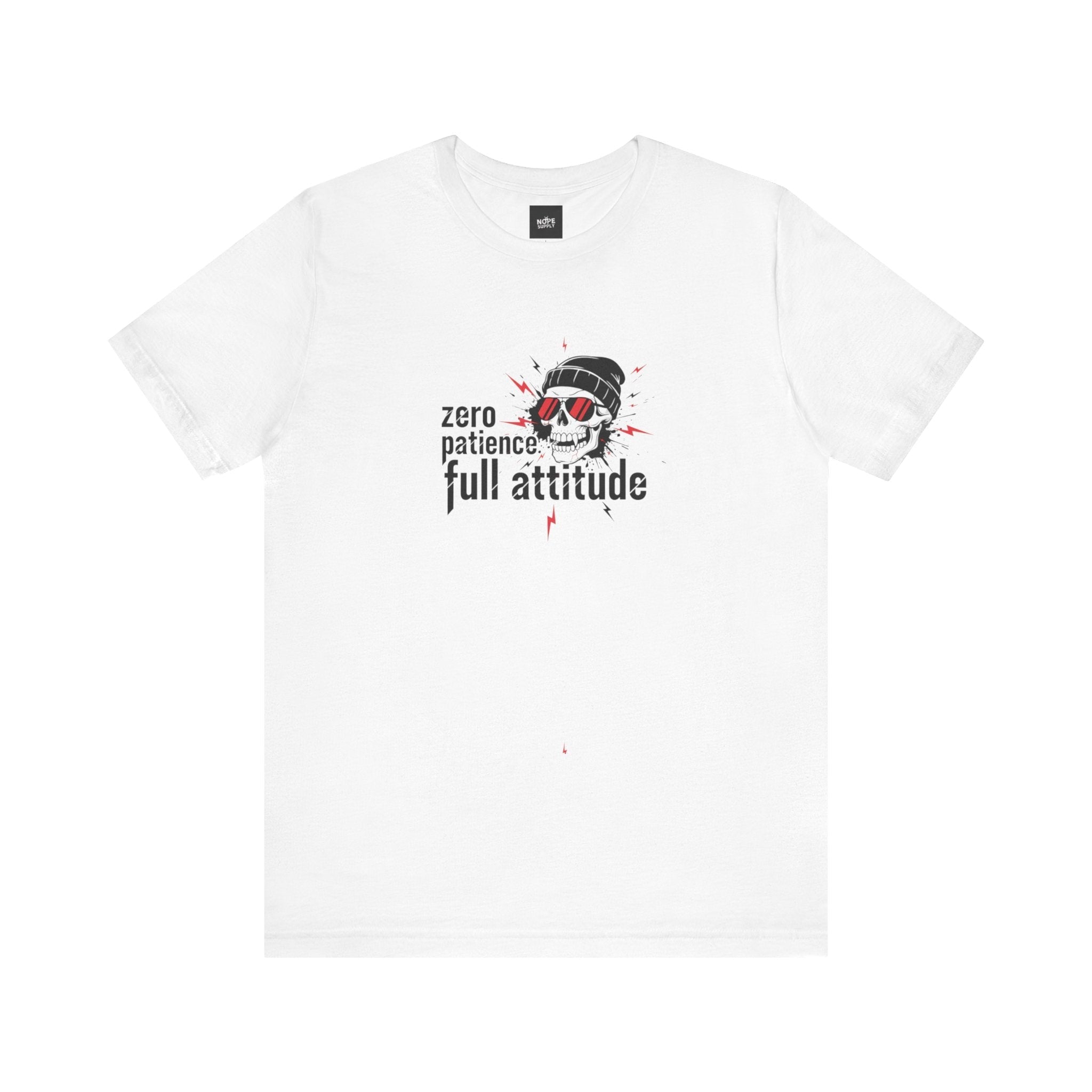 White "Zero Patience Full Attitude" skull graphic tee with beanie design on chest, lightweight cotton shirt