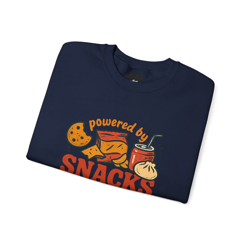 Crewneck Sweatshirt — "Powered by Snacks and Denial" Funny Snack Lover Pullover