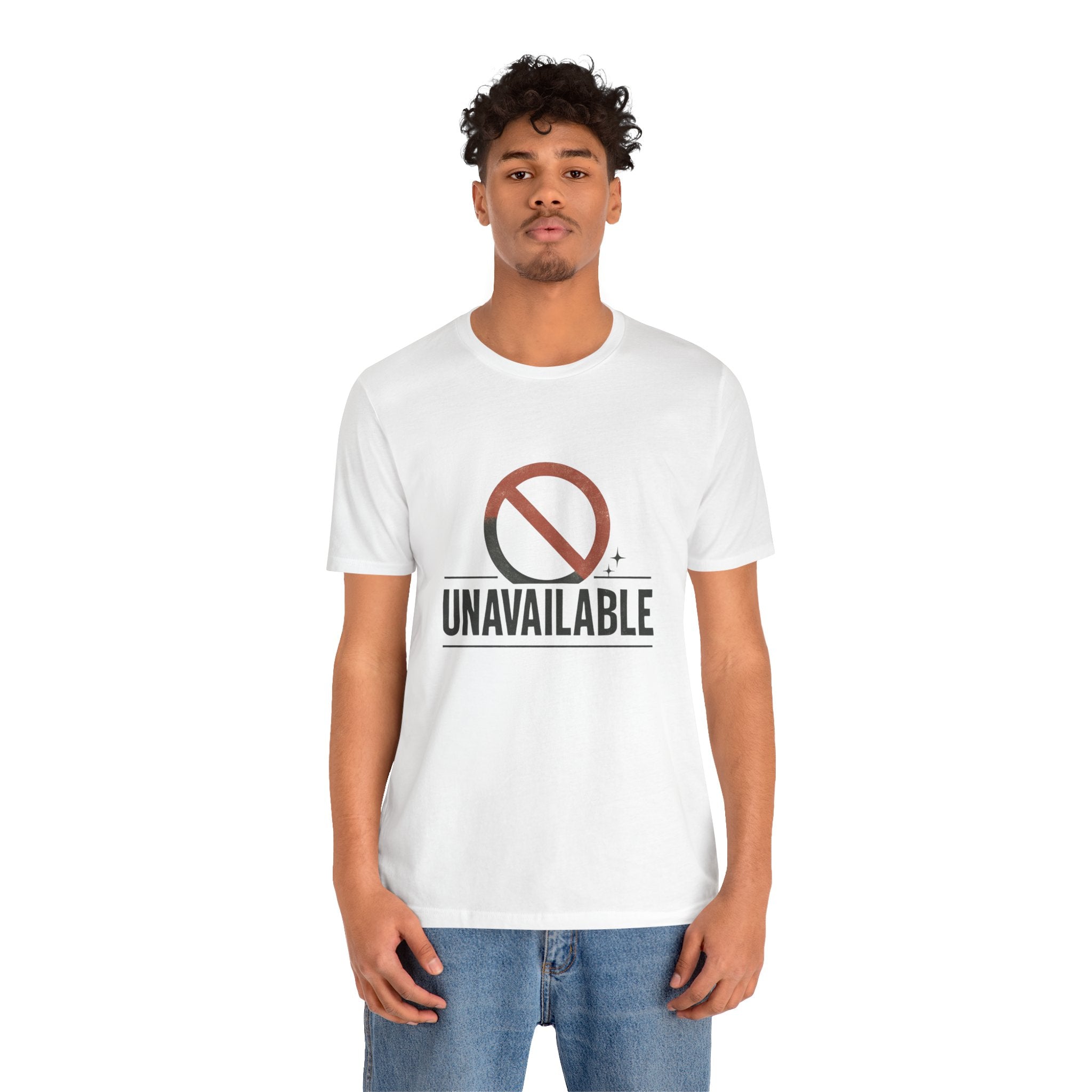 Man wearing white Unavailable Tee with prohibition symbol and "UNAVAILABLE" text on front