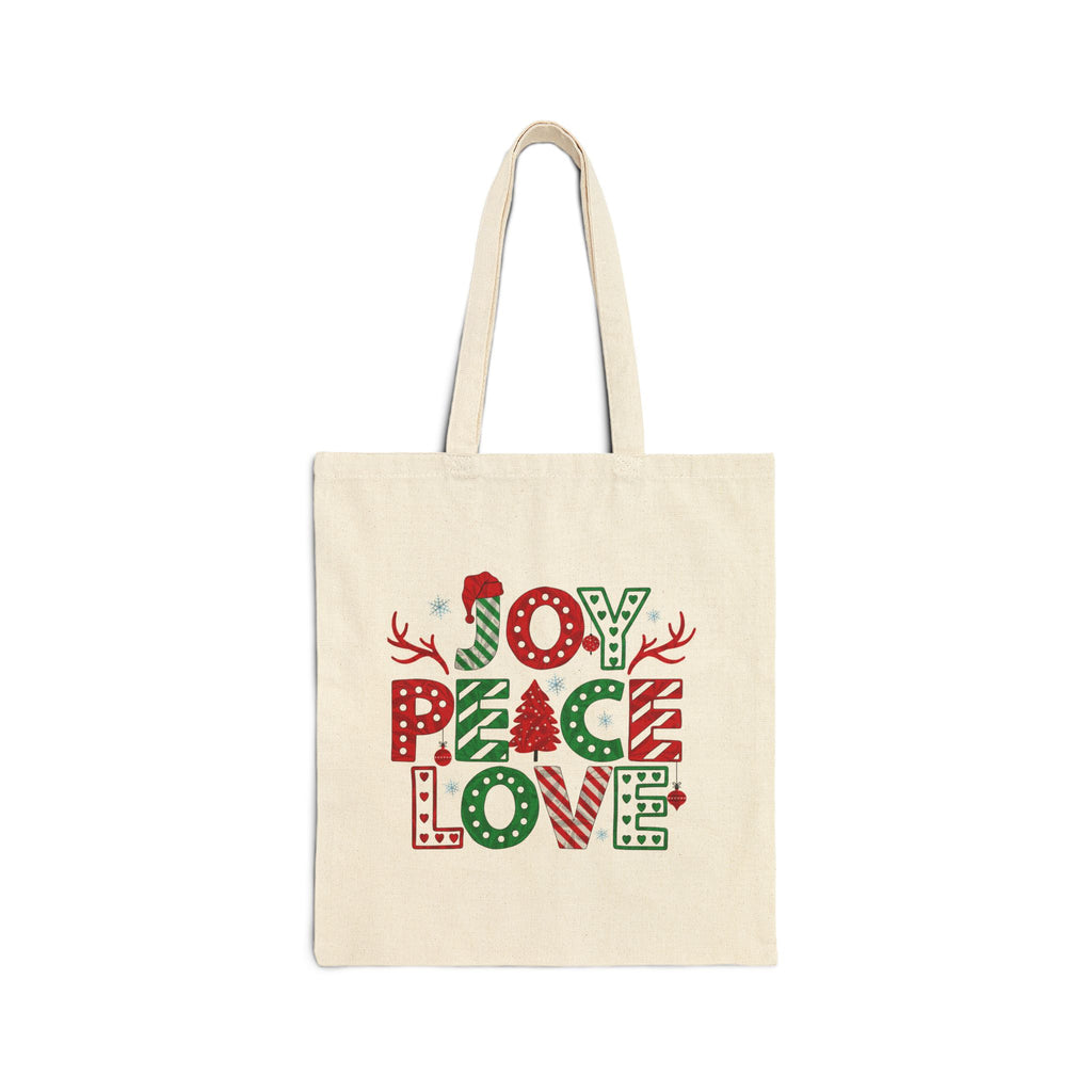 Christmas Joy, Peace & Love Tote Bag — Holiday Canvas Gift Tote