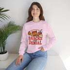 Crewneck Sweatshirt — "Powered by Snacks and Denial" Funny Snack Lover Pullover