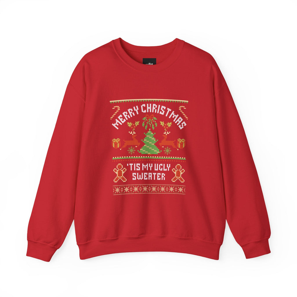 Red crewneck sweater with "Merry Christmas" and "’Tis My Ugly Sweater" knit-inspired holiday design