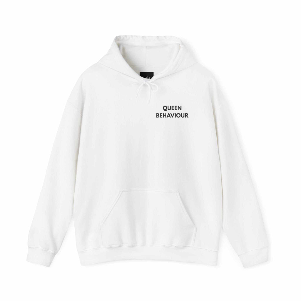 custom hoodies Woman wearing white Queen Behaviour Hoodie with minimal text chest print and kangaroo pocket