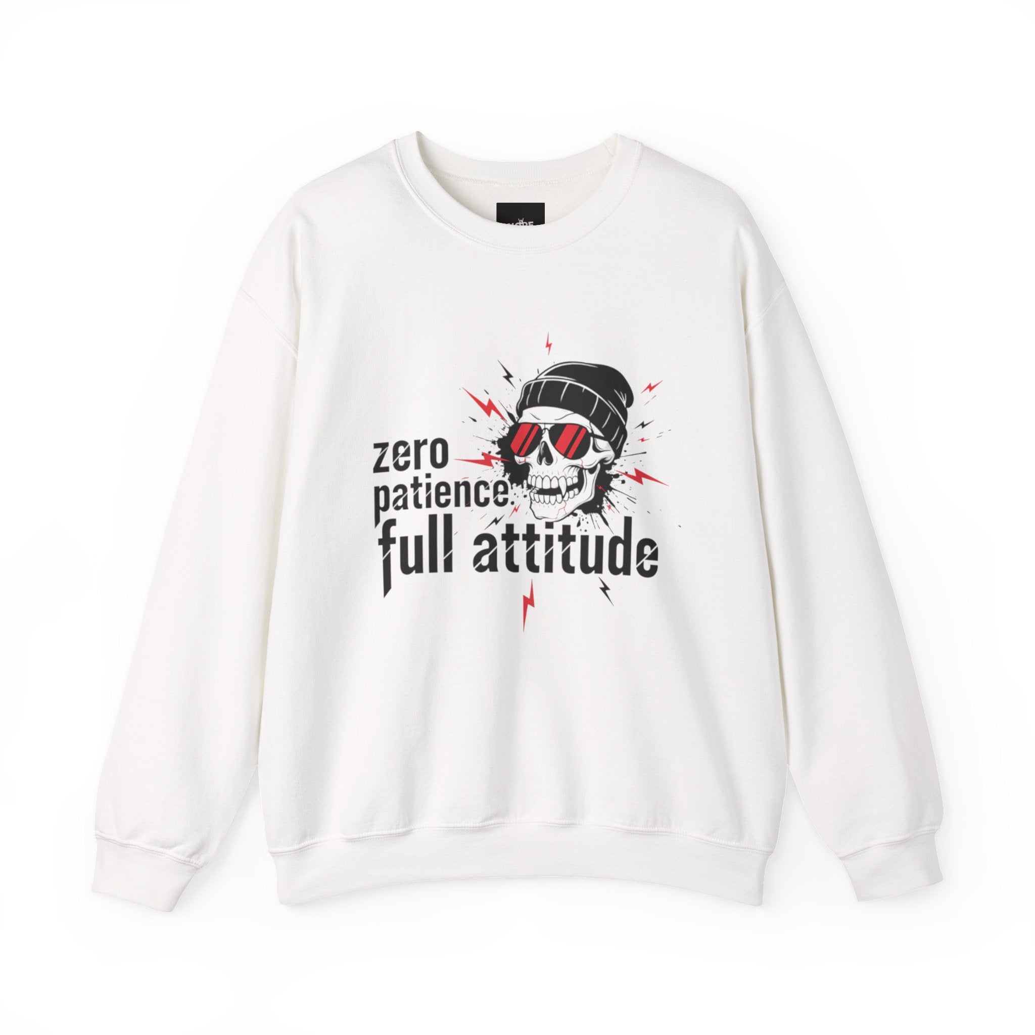 white crewneck sweatshirt with skull graphic and "zero patience full attitude" text
