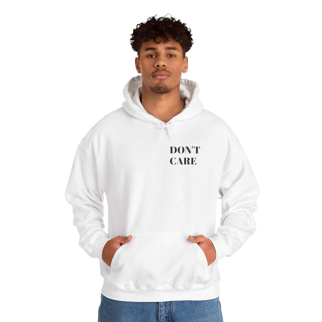 hoodies for men and women Male model wearing white DON'T CARE Hoodie with kangaroo pocket and adjustable hood