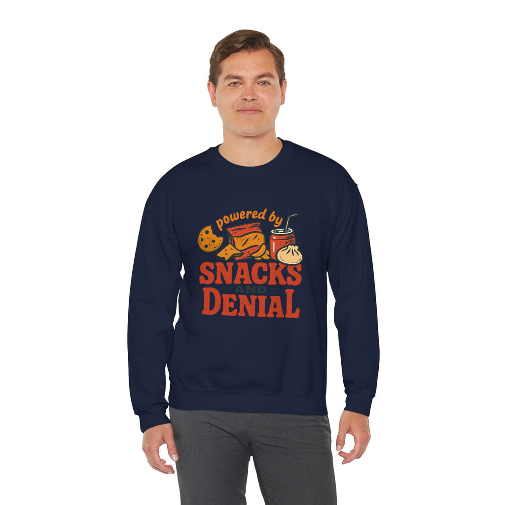 Crewneck Sweatshirt — "Powered by Snacks and Denial" Funny Snack Lover Pullover