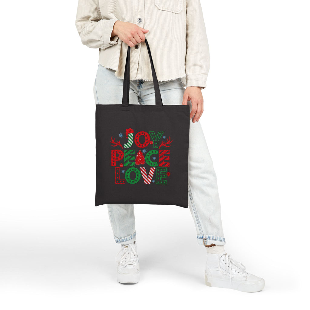Christmas Joy, Peace & Love Tote Bag — Holiday Canvas Gift Tote