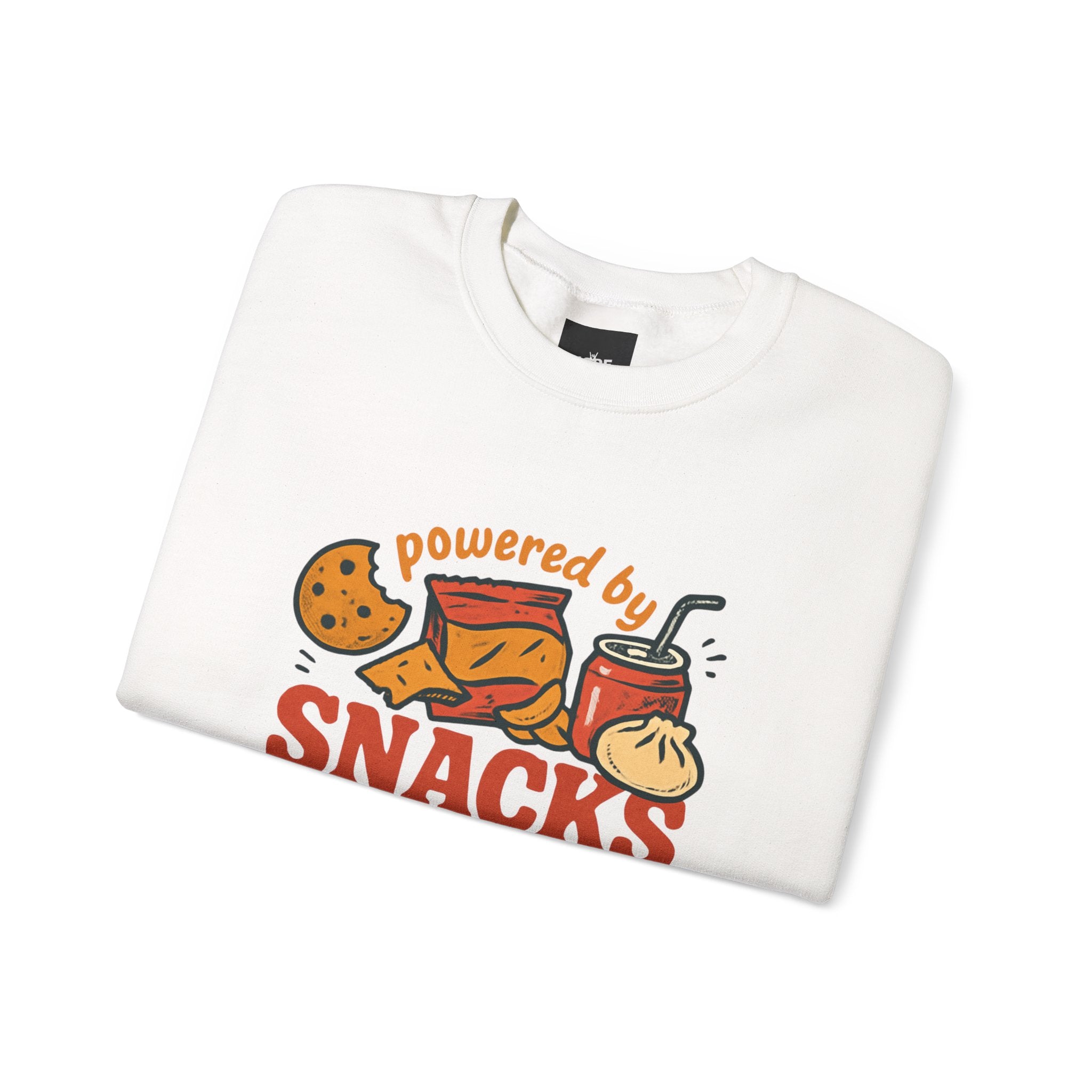 Crewneck Sweatshirt — "Powered by Snacks and Denial" Funny Snack Lover Pullover