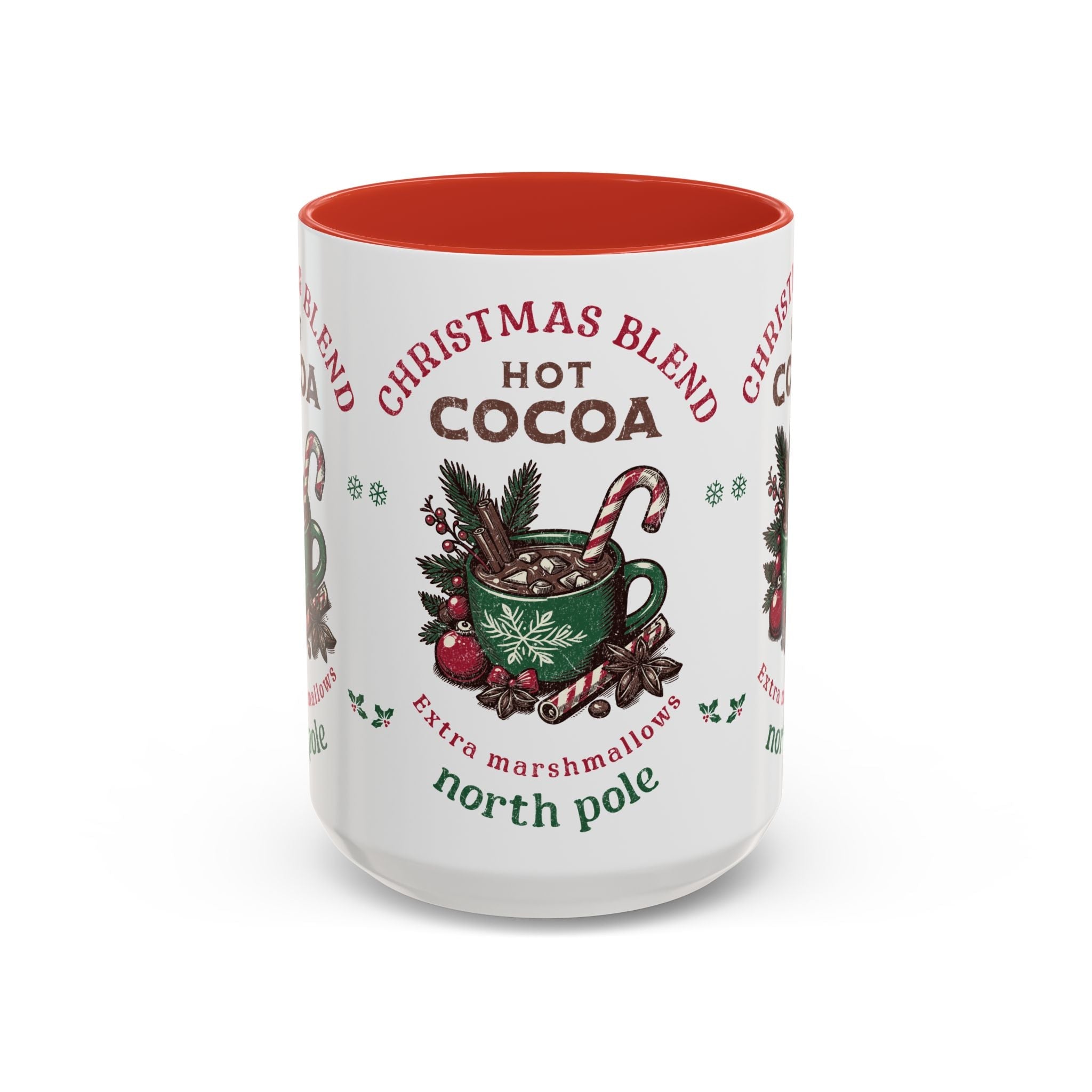 Christmas Blend Hot Cocoa ceramic mug with vintage holiday design and red interior