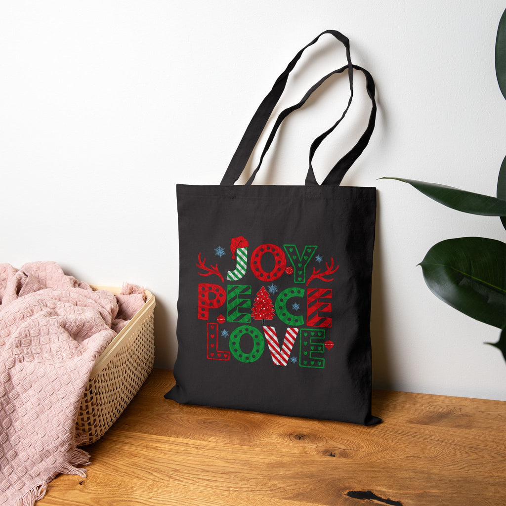 Christmas Joy, Peace & Love Tote Bag — Holiday Canvas Gift Tote