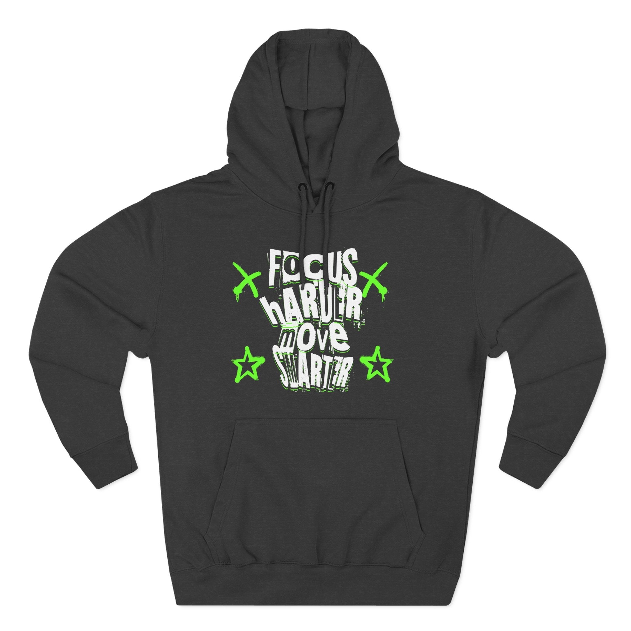 Charcoal hoodie with "Focus Harder Move Smarter" slogan in white and neon green, kangaroo pocket, and adjustable hood