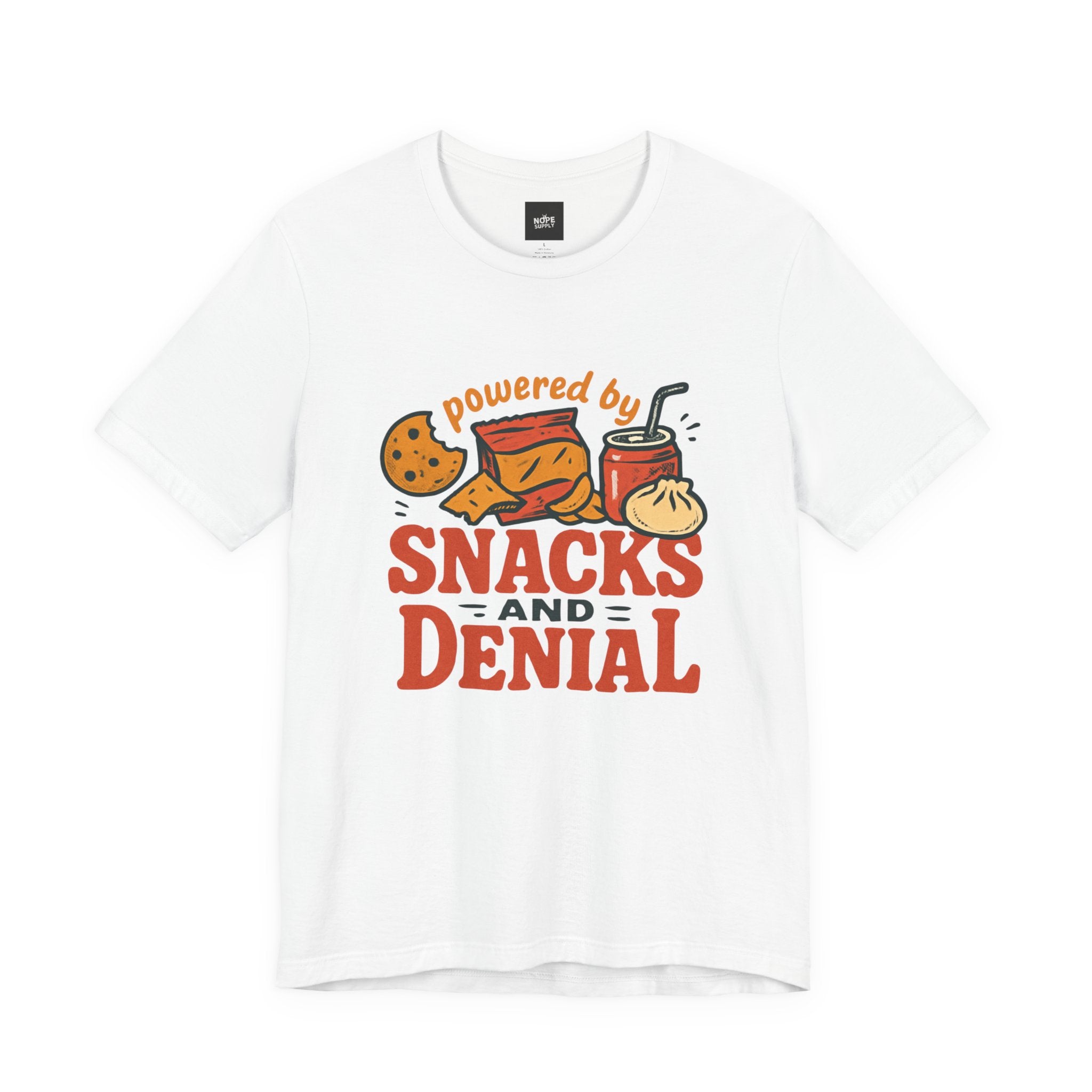 Funny Quote Unisex T-Shirt - Powered by Snacks and Denial