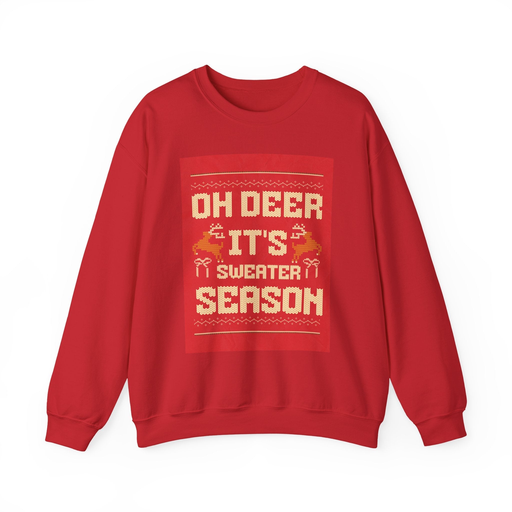 Red holiday sweatshirt with "OH DEER IT'S SWEATER SEASON" knit-pattern graphic and festive reindeer design