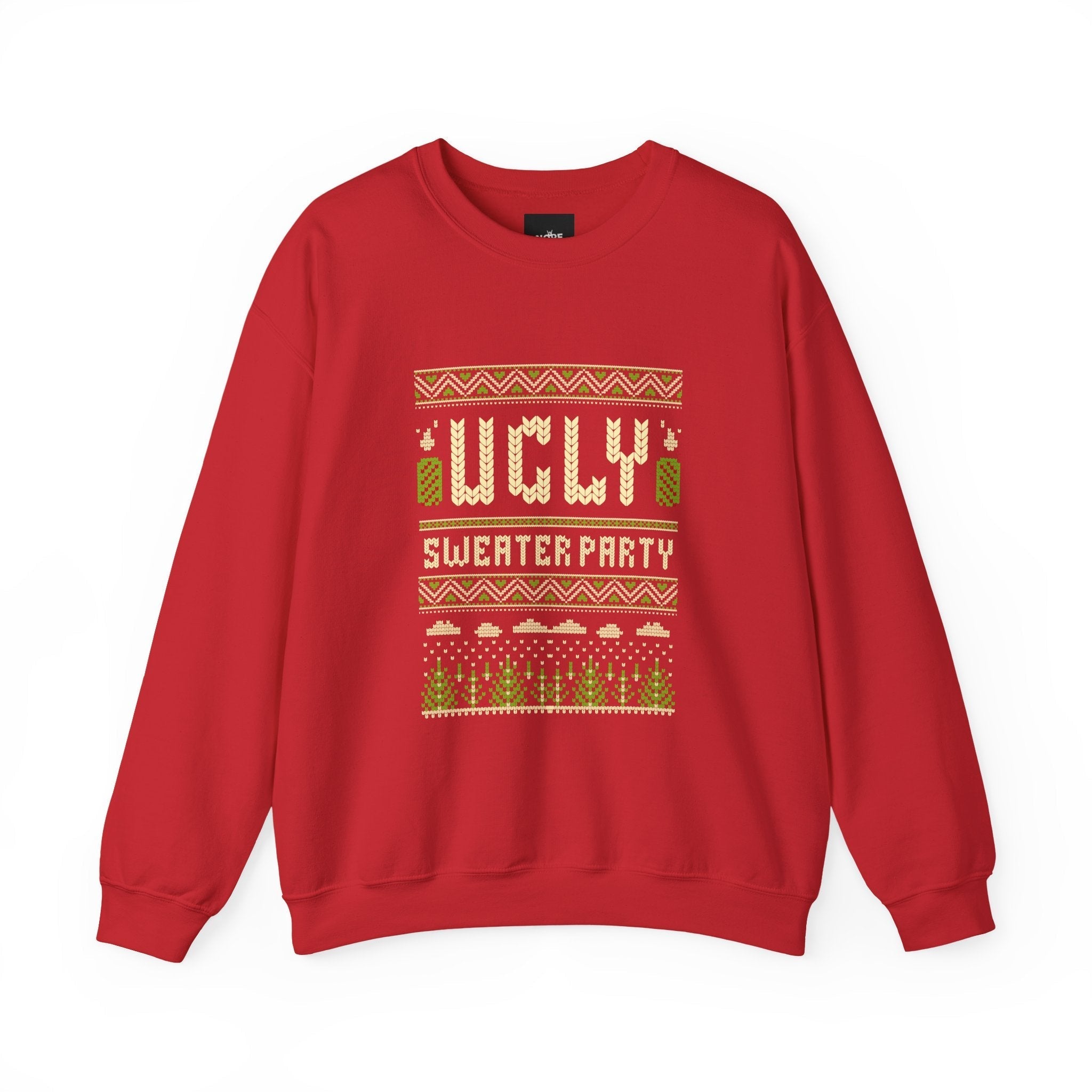 Red Ugly Sweater Party Christmas crewneck sweatshirt with festive holiday patterns and embroidery