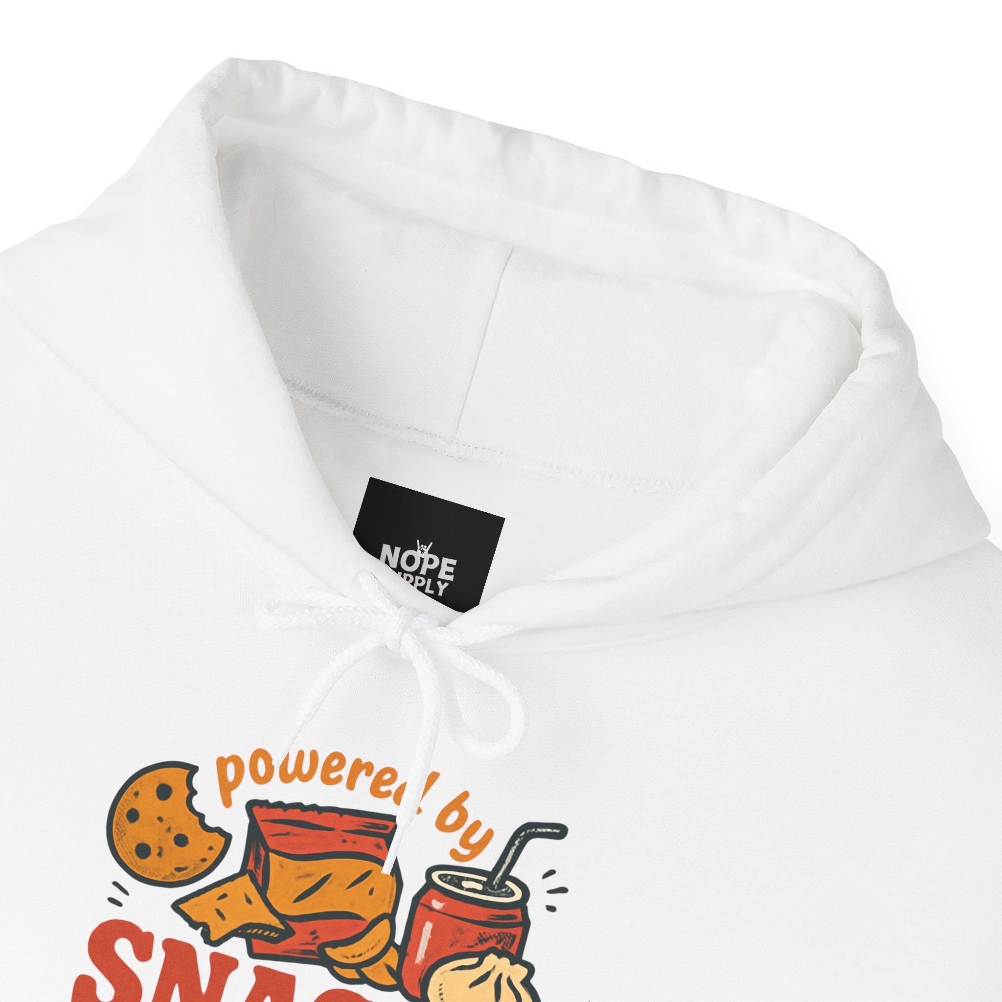 Hoodie — "Powered by Snacks and Denial" Cozy Graphic Pullover