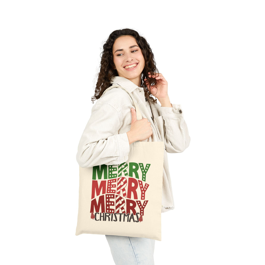 Merry Merry Merry Christmas Tote Bag — Festive Holiday Cotton Canvas Shopper