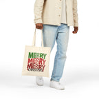 Merry Merry Merry Christmas Tote Bag — Festive Holiday Cotton Canvas Shopper